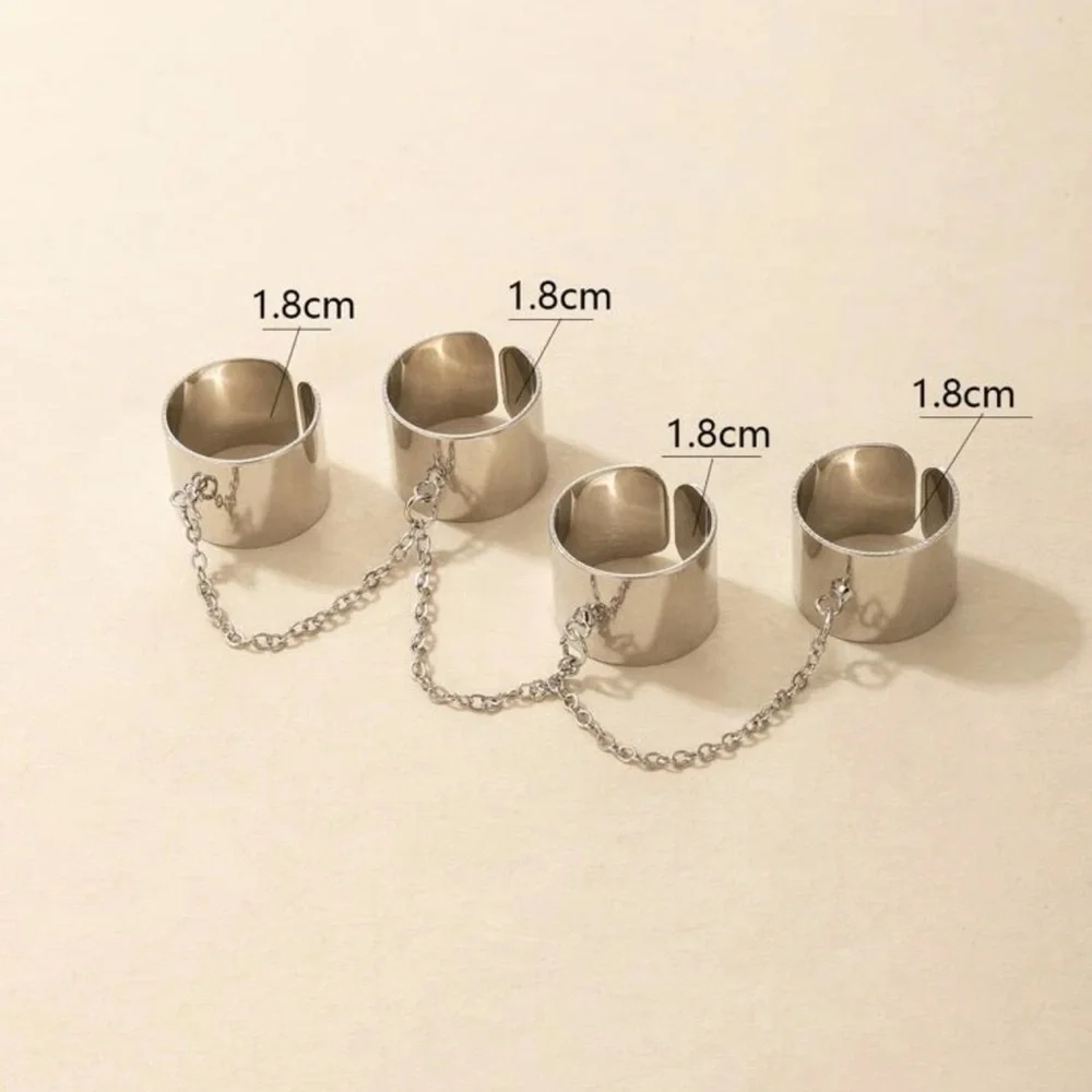 New Silver Stainless Steel Boheme Minimalist 4pcs Cuff Ring With Chain